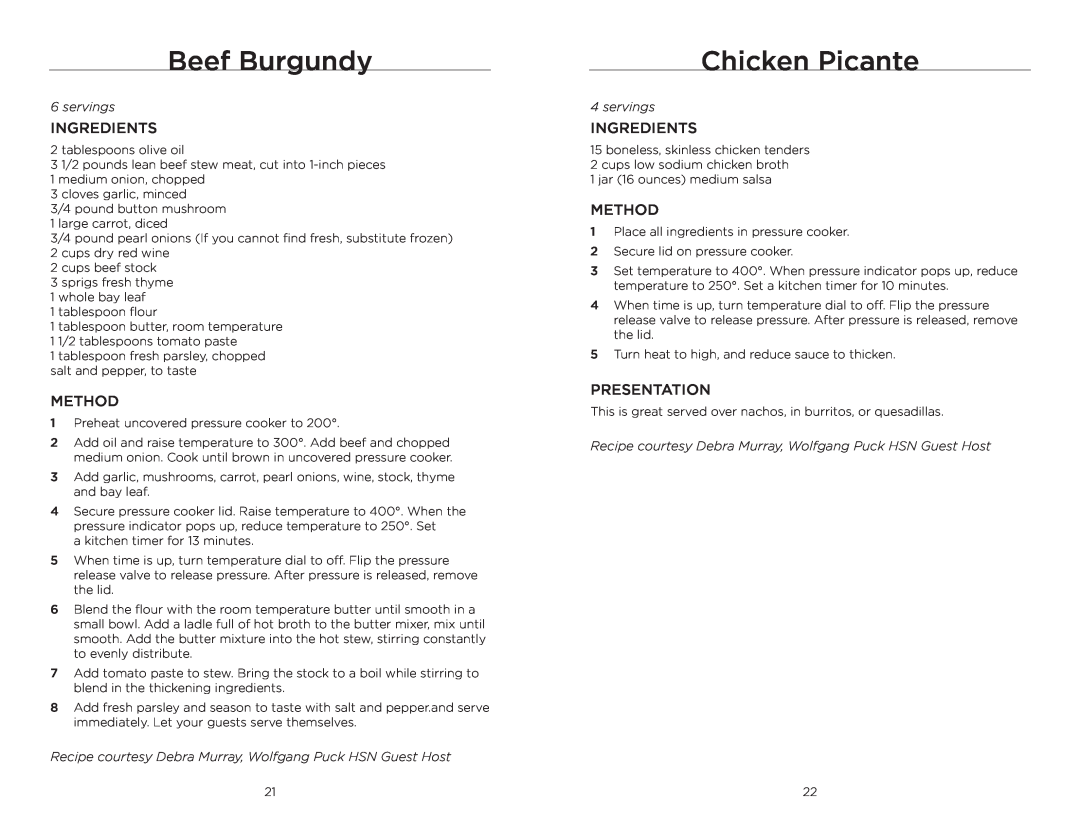Wolfgang Puck BPCR0010 manual Beef Burgundy, Chicken Picante, servings 