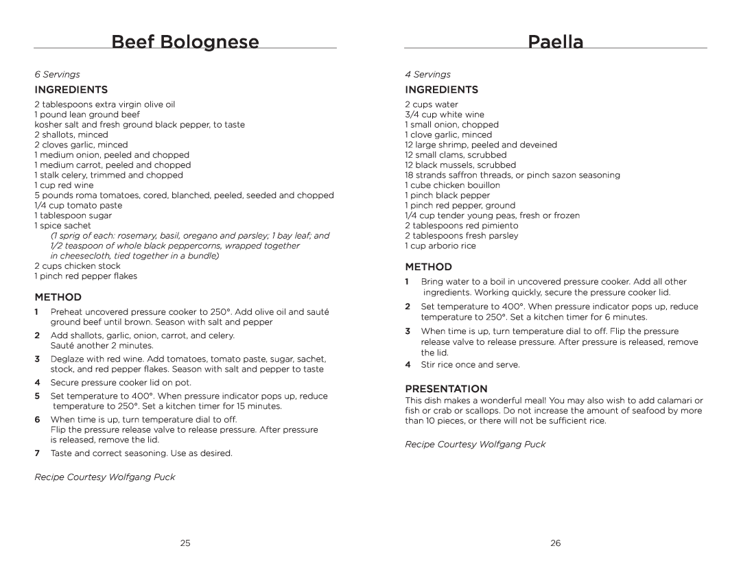 Wolfgang Puck BPCR0010 manual Beef Bolognese, Paella, Servings, Recipe Courtesy Wolfgang Puck 