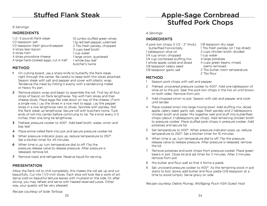 Wolfgang Puck BPCR0010 manual Stuffed Flank Steak, Apple-Sage Cornbread Stuffed Pork Chops, Servings 