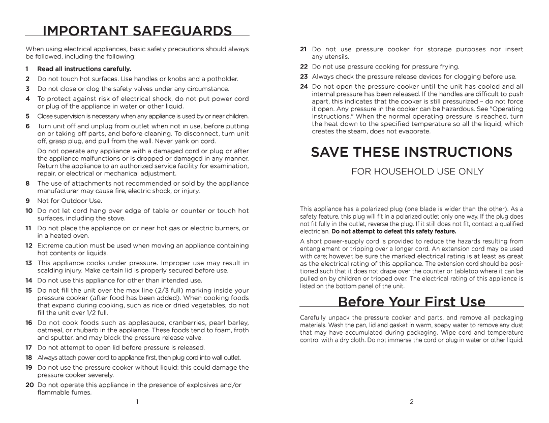 Wolfgang Puck BPCR0010 manual Important Safeguards, Save These Instructions, Before Your First Use, For Household Use Only 