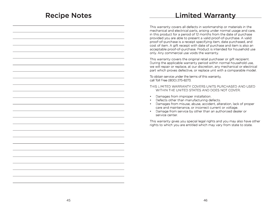 Wolfgang Puck BPCR0010 manual Limited Warranty, Recipe Notes 