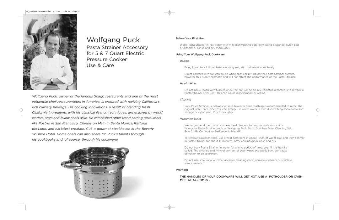 Wolfgang Puck BPCR07US1 warranty Wolfgang Puck, Boiling, Helpful Hints, Cleaning, Removing Stains 