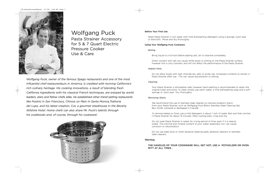 Wolfgang Puck BPCR07US1 Wolfgang Puck, Pasta Strainer Accessory for 5 & 7 Quart Electric Pressure Cooker, Use & Care 