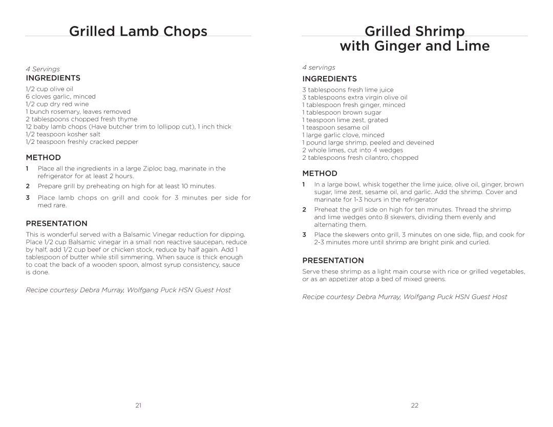 Wolfgang Puck BRGG0060 operating instructions Grilled Lamb Chops, Grilled Shrimp With Ginger and Lime 