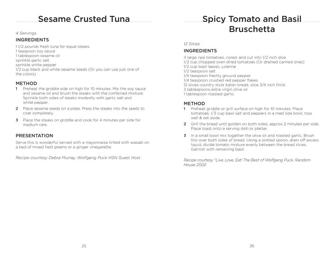 Wolfgang Puck BRGG0060 operating instructions Sesame Crusted Tuna, Spicy Tomato and Basil Bruschetta 