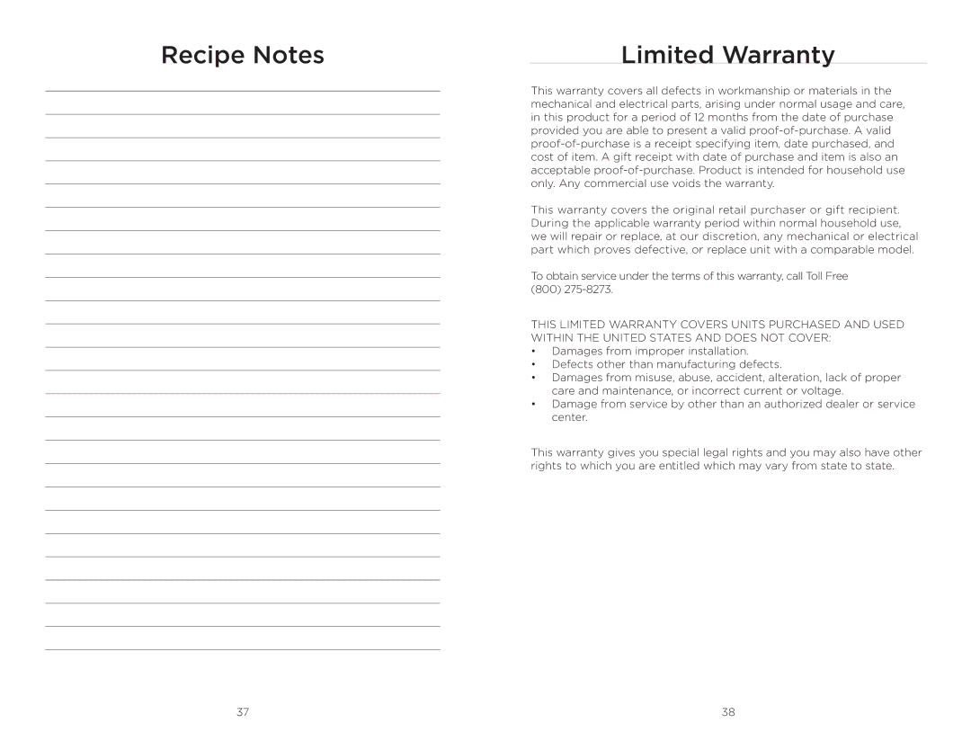 Wolfgang Puck BRGG0060 operating instructions Recipe Notes Limited Warranty 