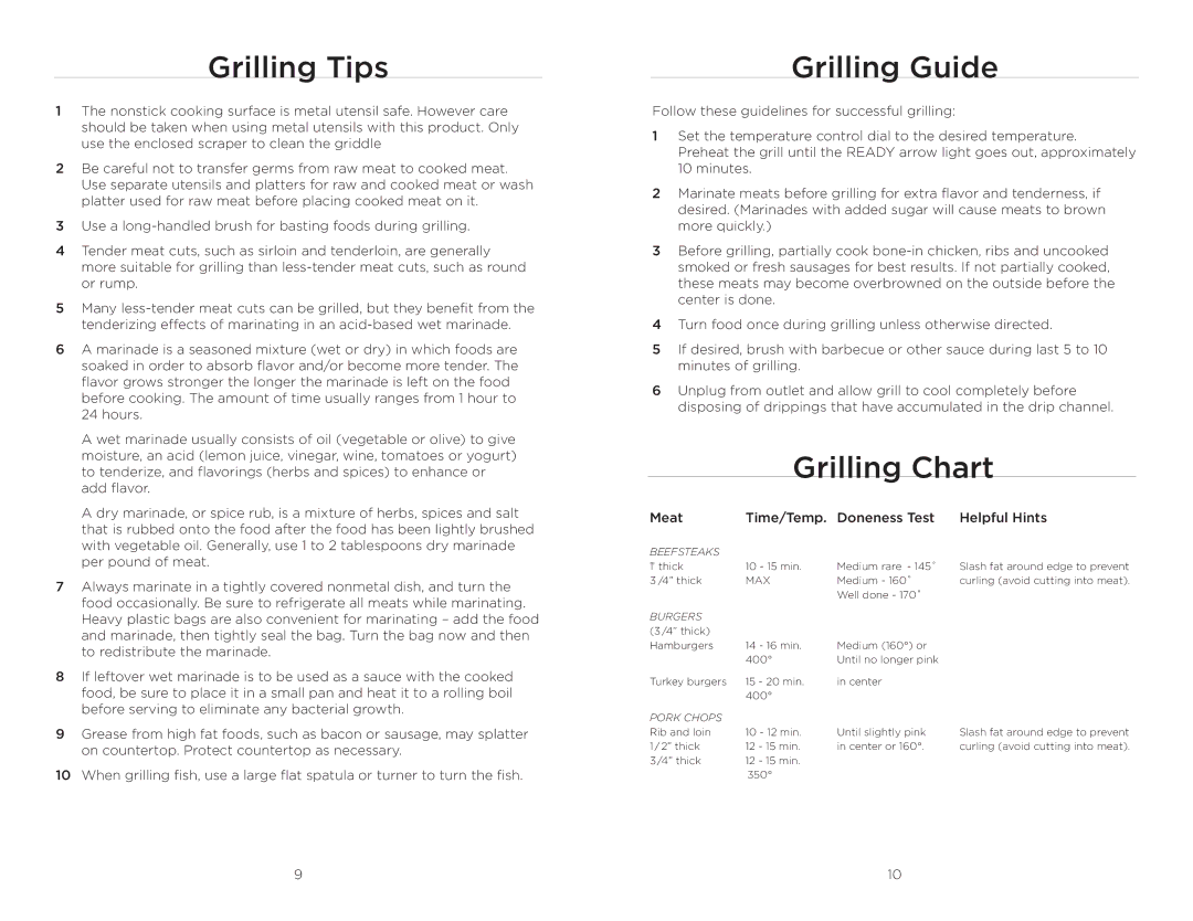 Wolfgang Puck BRGG0060 operating instructions Grilling Tips, Grilling Guide, Grilling Chart 