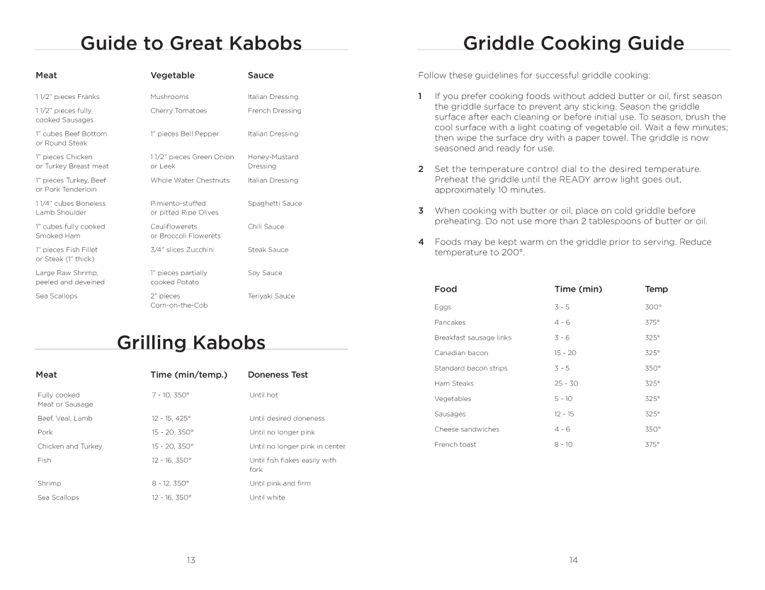 Wolfgang Puck BRGG0060 operating instructions Guide to Great Kabobs, Grilling Kabobs, Griddle Cooking Guide 