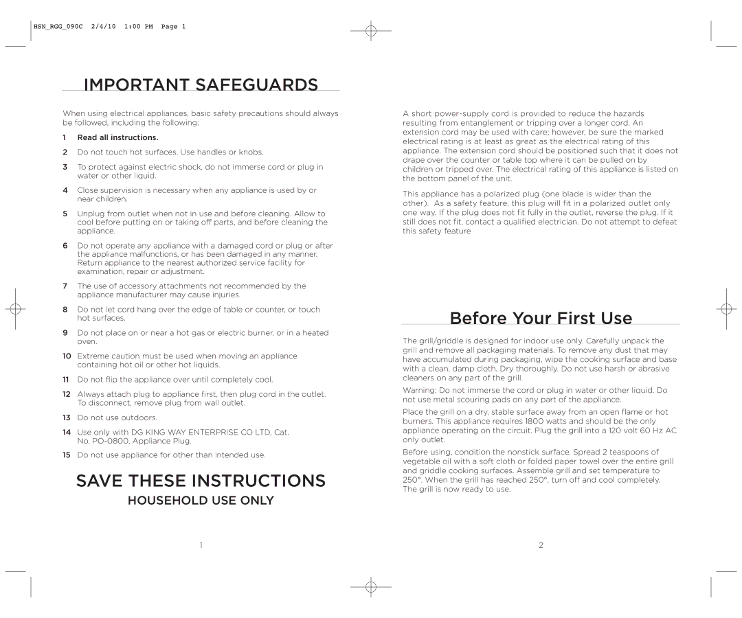 Wolfgang Puck BRGG0090 operating instructions Important Safeguards, Before Your First Use 