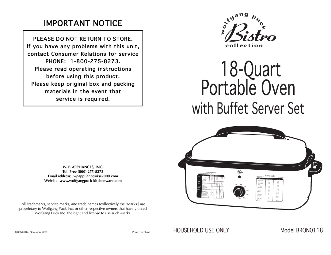 Wolfgang Puck BRON0118 manual Quart Portable Oven 