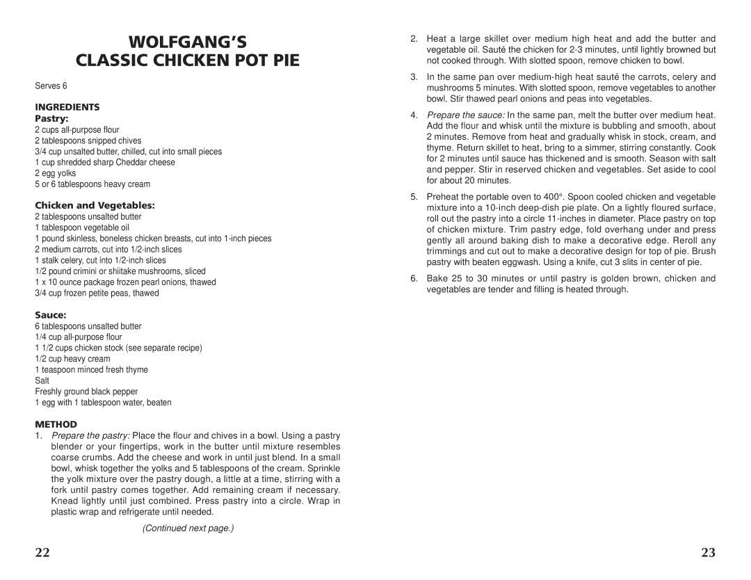 Wolfgang Puck BRON0118 manual WOLFGANG’S Classic Chicken POT PIE, Pastry 