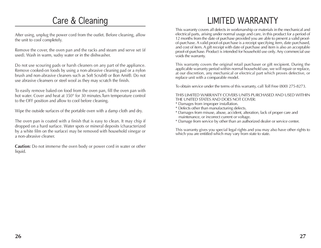 Wolfgang Puck BRON0118 manual Care & Cleaning, Limited Warranty 