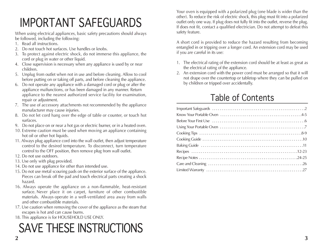 Wolfgang Puck BRON0118 manual Important Safeguards, Table of Contents 