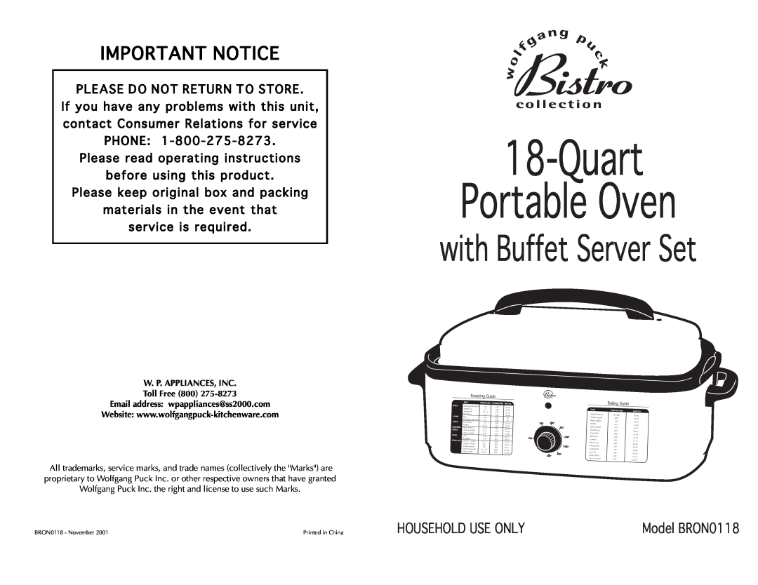 Wolfgang Puck BRON0118 manual Important Notice, Quart Portable Oven, with Buffet Server Set, Please Do Not Return To Store 