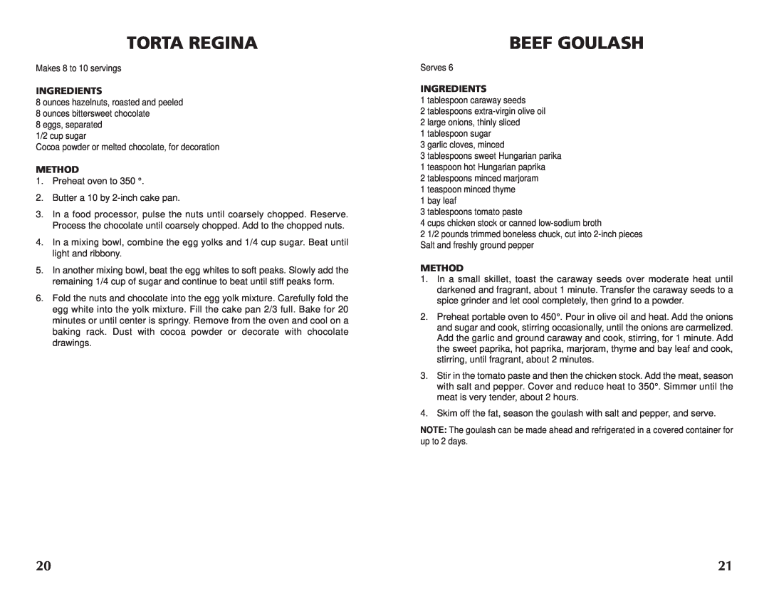 Wolfgang Puck BRON0118 manual Torta Regina, Beef Goulash, Ingredients, Method 