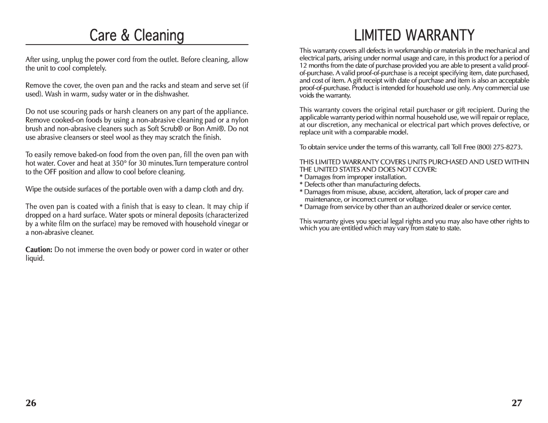 Wolfgang Puck BRON0118 manual Care & Cleaning, Limited Warranty 