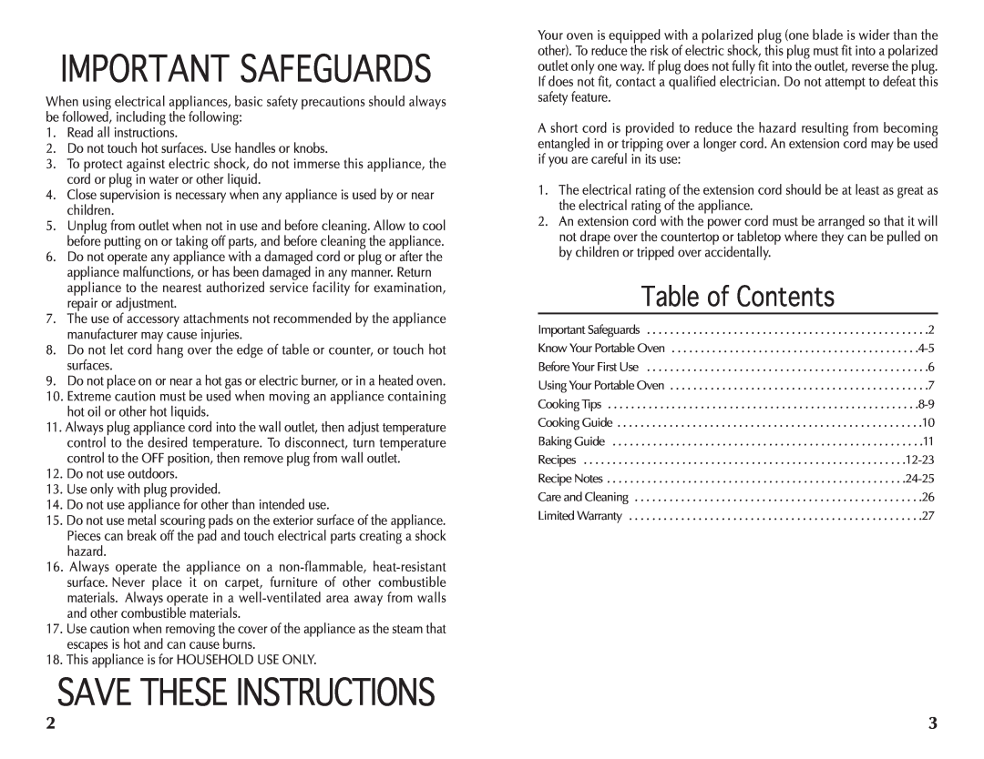 Wolfgang Puck BRON0118 manual Table of Contents, Important Safeguards, Save These Instructions 