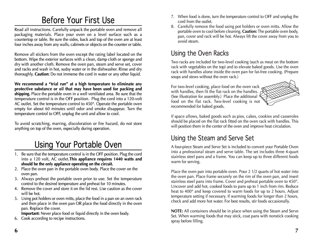Wolfgang Puck BRON0118 manual Before Your First Use, Using Your Portable Oven, Using the Oven Racks 