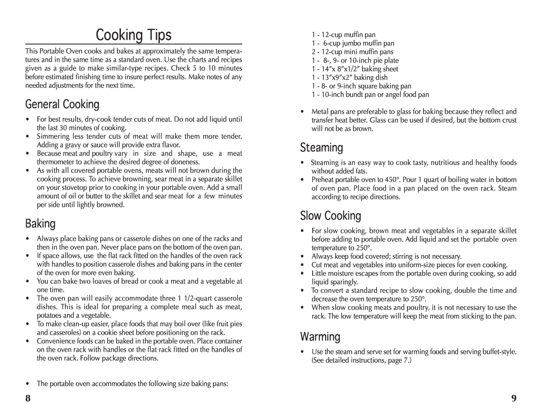 Wolfgang Puck BRON0118 manual Cooking Tips, General Cooking, Baking, Steaming, Slow Cooking, Warming 