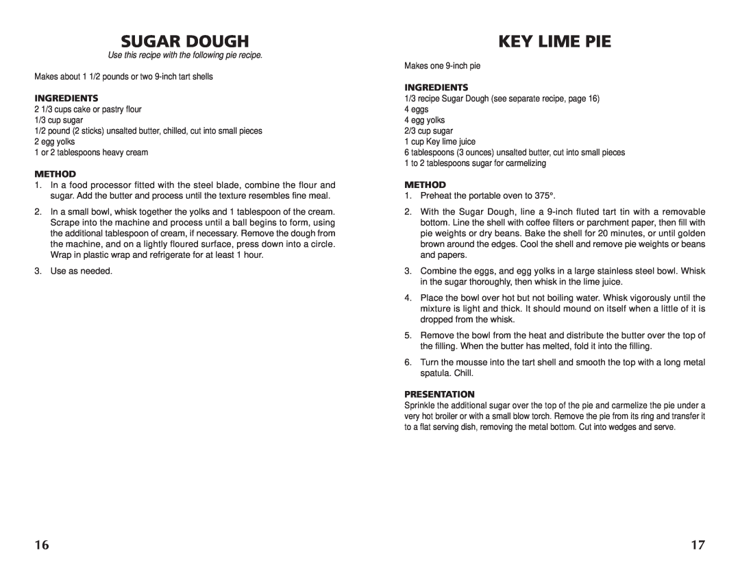Wolfgang Puck BRON0118 manual Sugar Dough, Key Lime Pie, Ingredients, Method, Presentation 