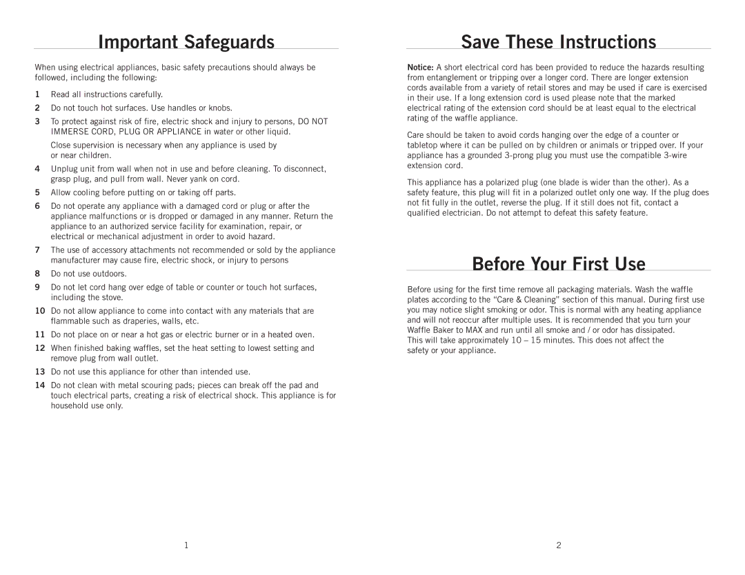 Wolfgang Puck BRWB0010 manual Important Safeguards, Before Your First Use 