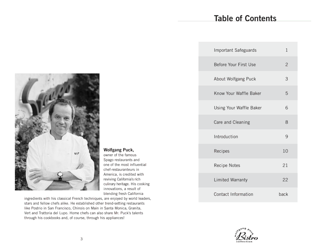 Wolfgang Puck BRWB0010 manual Table of Contents 