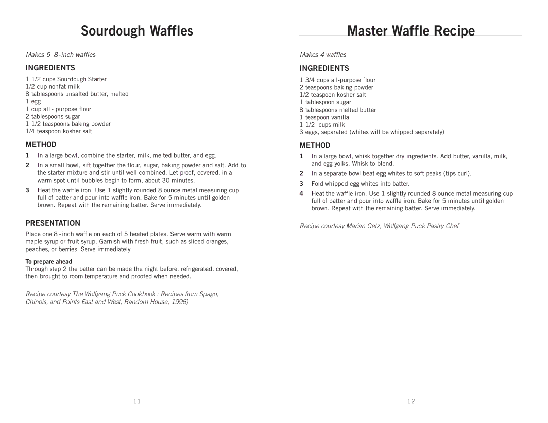 Wolfgang Puck BRWB0010 manual Sourdough Waffles, Master Waffle Recipe, Presentation 