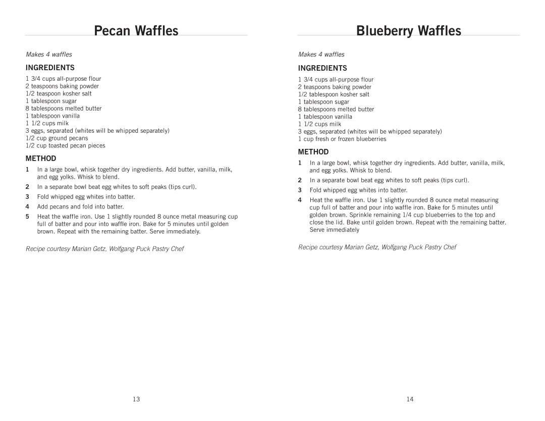 Wolfgang Puck BRWB0010 manual Pecan Waffles, Blueberry Waffles 