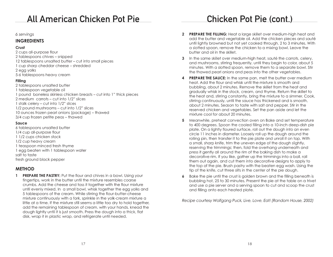 Wolfgang Puck BTOBR0010 manual All American Chicken Pot Pie, Crust, Filling, Sauce 