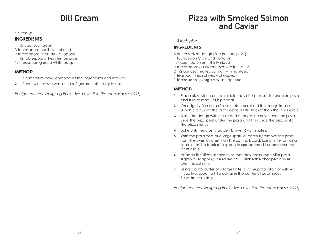 Wolfgang Puck BTOBR0010 manual Dill Cream, Pizza with Smoked Salmon Caviar 