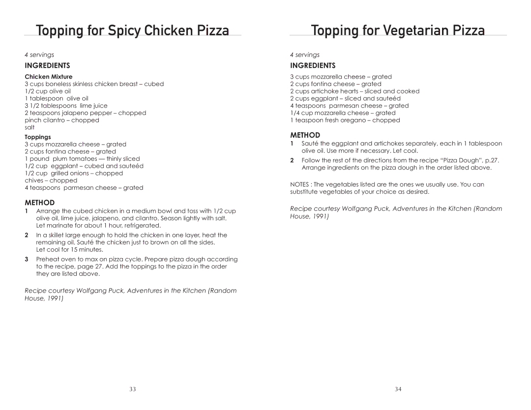 Wolfgang Puck BTOBR0010 manual Topping for Spicy Chicken Pizza, Topping for Vegetarian Pizza, Chicken Mixture, Toppings 