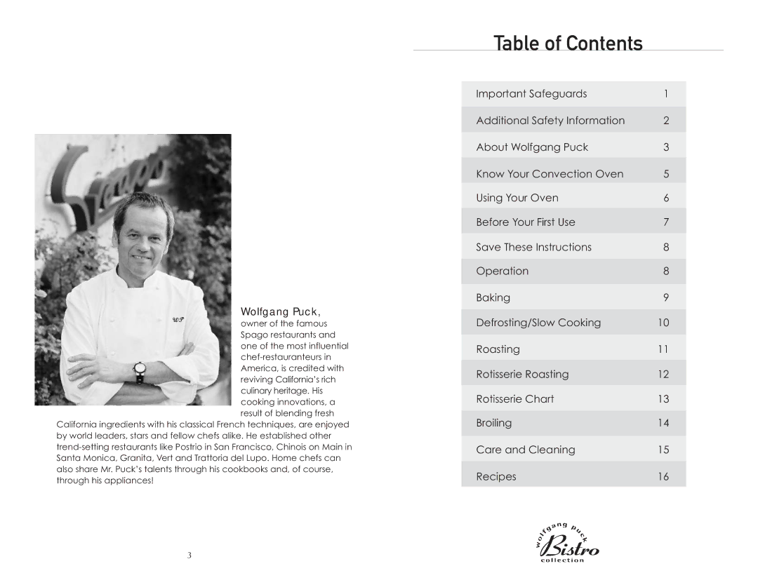 Wolfgang Puck BTOBR0010 manual Table of Contents 