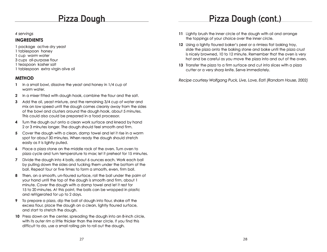 Wolfgang Puck BTOBR0010 manual Pizza Dough cont, Ingredients, Method, servings 