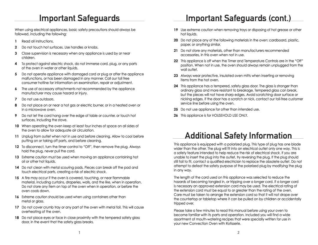 Wolfgang Puck BTOBR0010 manual Important Safeguards cont, Additional Safety Information 
