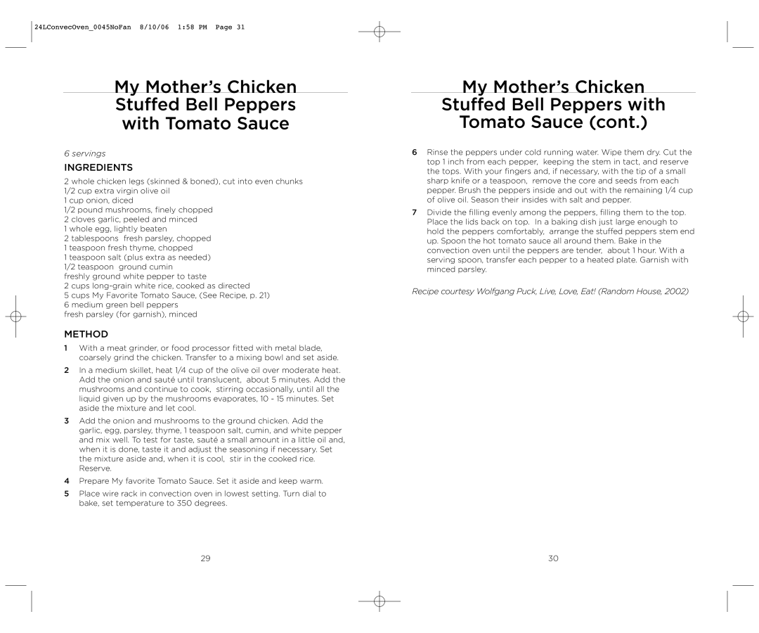 Wolfgang Puck BTOBR0045 operating instructions My Mother’s Chicken Stuffed Bell Peppers With Tomato Sauce 