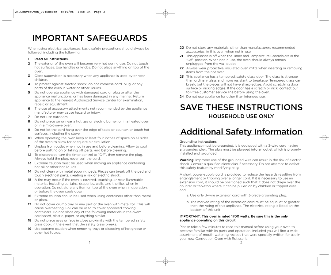 Wolfgang Puck BTOBR0045 operating instructions Important Safeguards 