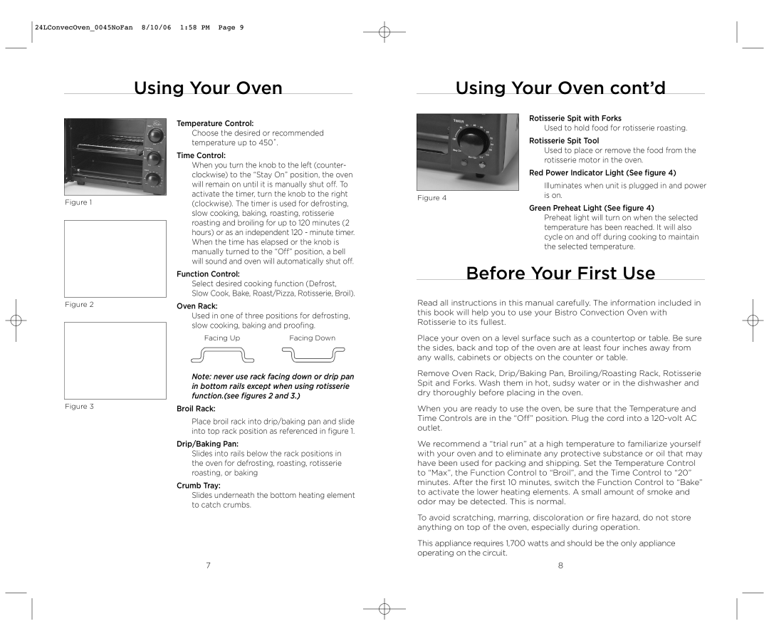 Wolfgang Puck BTOBR0045 operating instructions Using Your Oven cont’d, Before Your First Use 