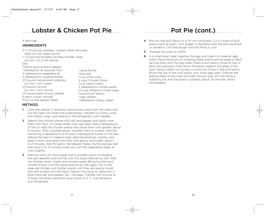 Wolfgang Puck BTOT0010 operating instructions Lobster & Chicken Pot Pie 