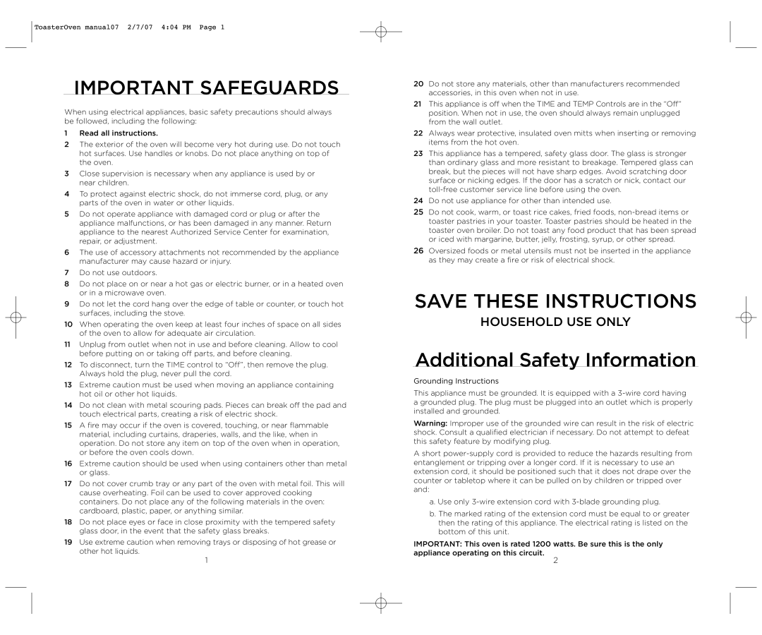 Wolfgang Puck BTOT0010 operating instructions Important Safeguards 