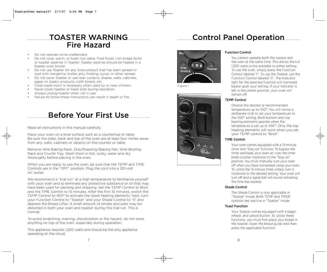 Wolfgang Puck BTOT0010 operating instructions Fire Hazard, Before Your First Use, Control Panel Operation 