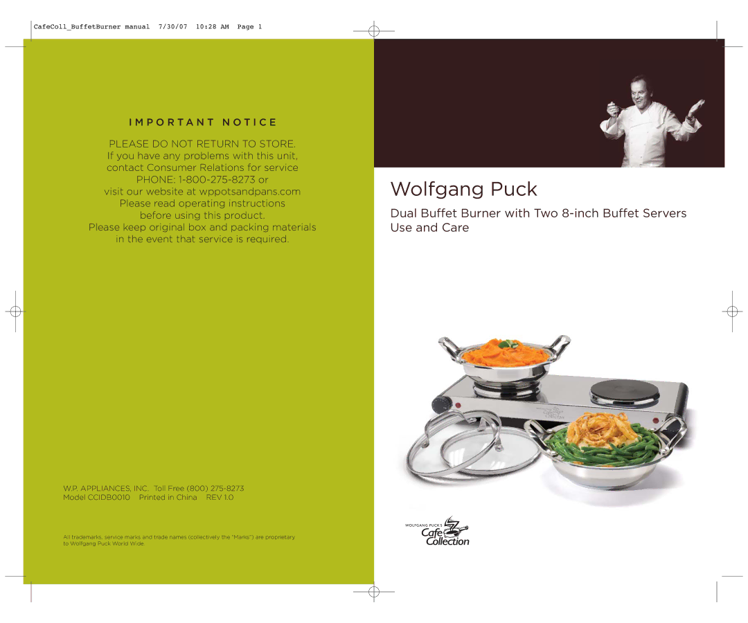 Wolfgang Puck CCIDB0010 manual Wolfgang Puck 