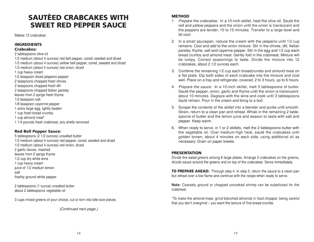 Wolfgang Puck CIBC1000 manual Crabcakes, Red Bell Pepper Sauce 