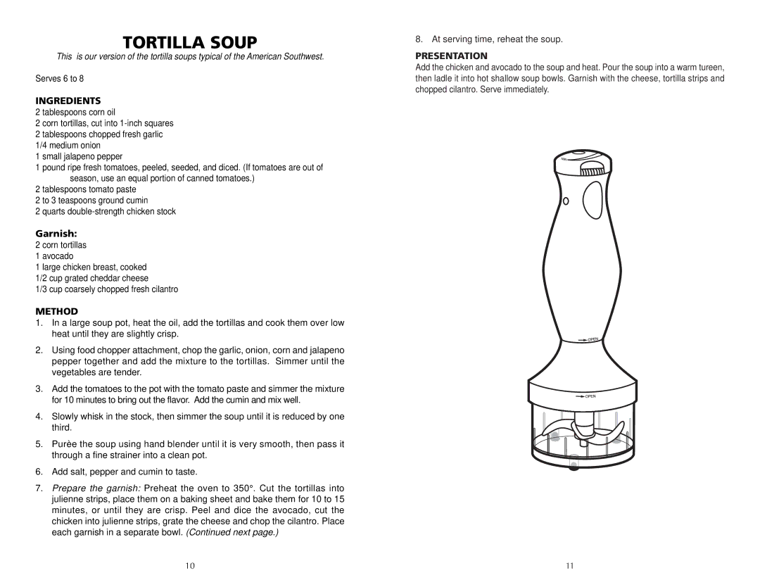 Wolfgang Puck CIBC1000 manual Tortilla Soup 