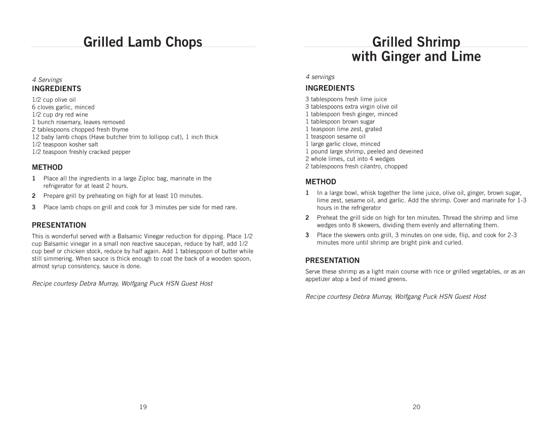 Wolfgang Puck CRGG0030 operating instructions Grilled Lamb Chops, Grilled Shrimp With Ginger and Lime 