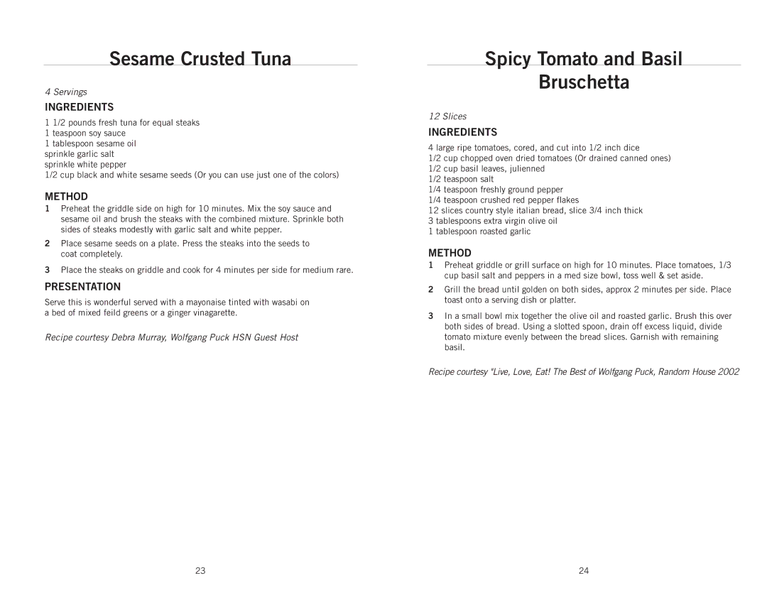 Wolfgang Puck CRGG0030 operating instructions Sesame Crusted Tuna, Spicy Tomato and Basil Bruschetta 