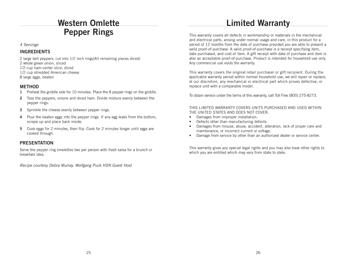 Wolfgang Puck CRGG0030 operating instructions Western Omlette Pepper Rings, Limited Warranty 