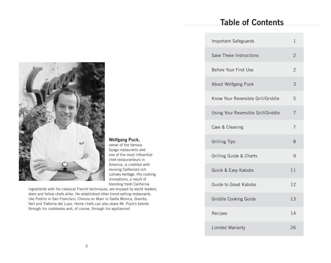 Wolfgang Puck CRGG0030 operating instructions Table of Contents 