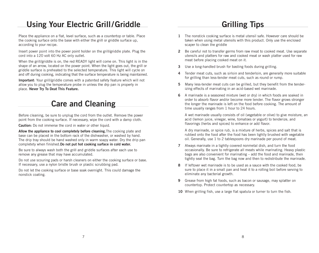 Wolfgang Puck CRGG0030 operating instructions Using Your Electric Grill/Griddle, Care and Cleaning, Grilling Tips 