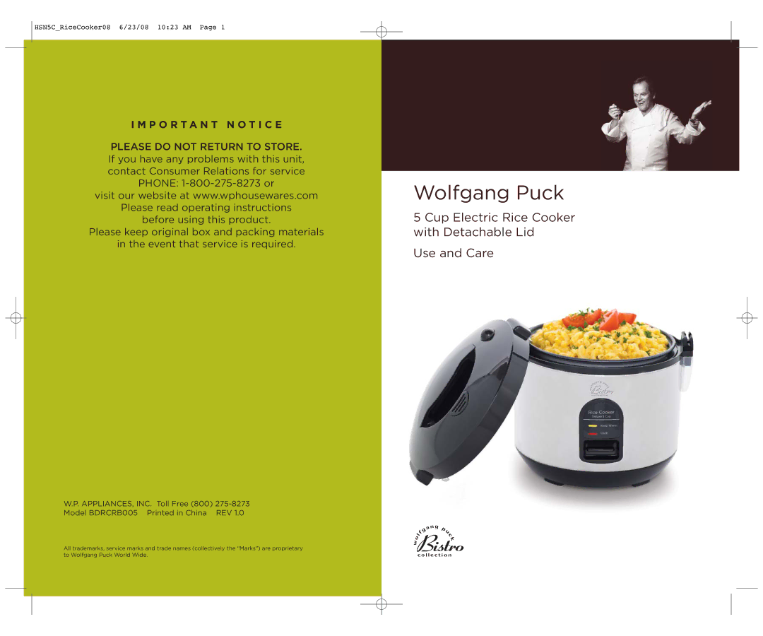 Wolfgang Puck HSN5C_RICECOOKER08 operating instructions Wolfgang Puck 