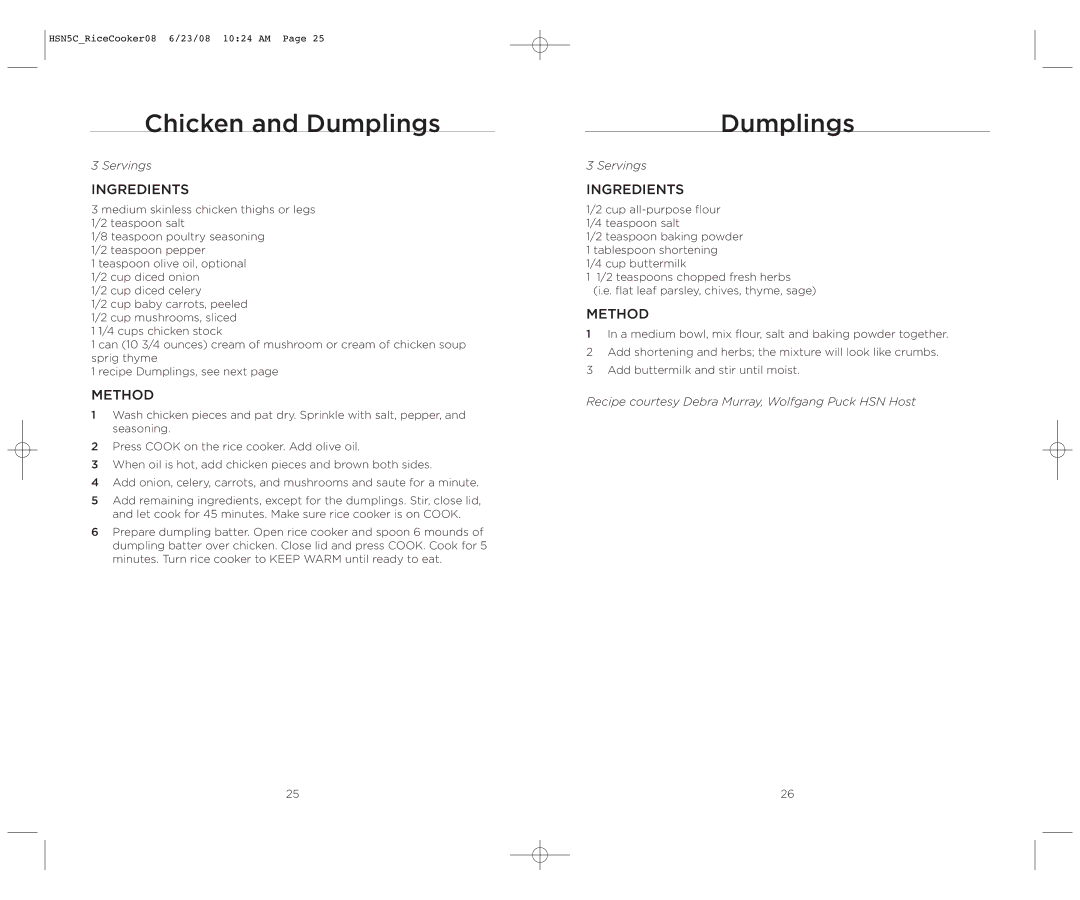 Wolfgang Puck HSN5C_RICECOOKER08 operating instructions Chicken and Dumplings 